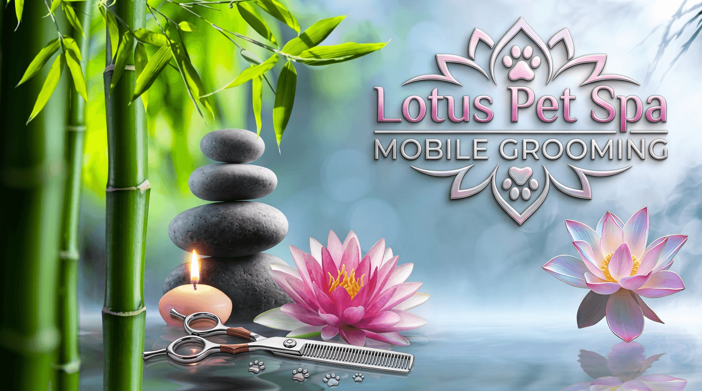 Lotus Pet Spa Mobile Grooming logo with lotus, bamboo, candle, stones, and grooming shears